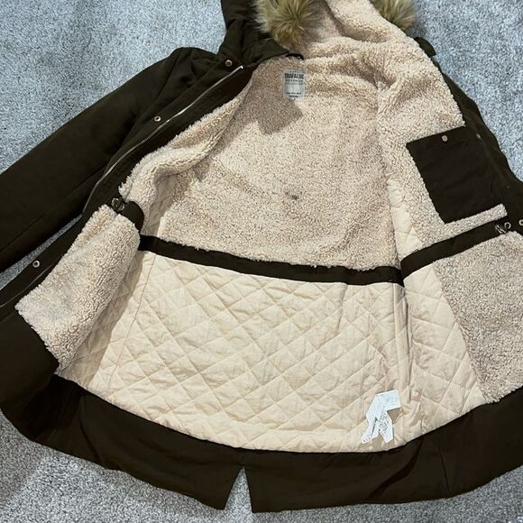 ZARA Trafaluc Outerwear Parka Sherpa Lined w/ Fake Fur Trim Hood M Russian Spy - Picture 9 of 10